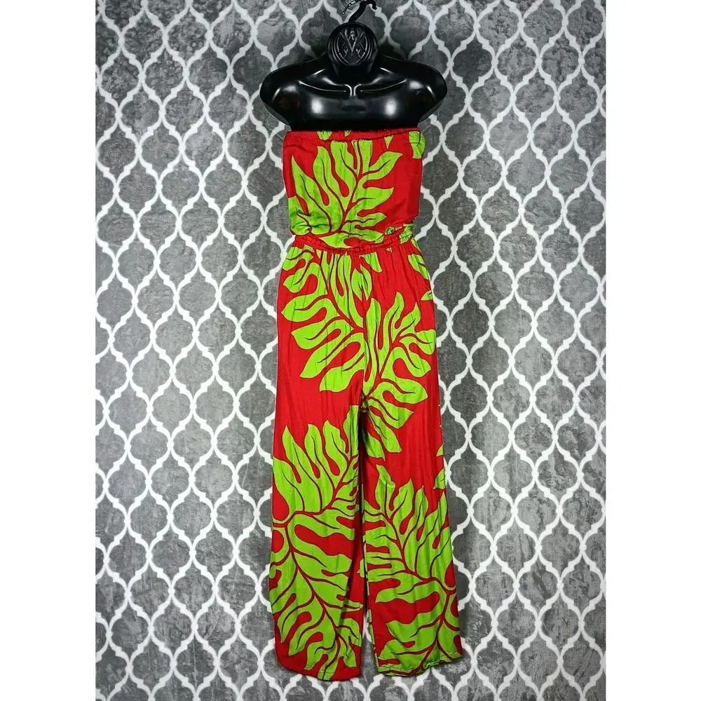 Hula Bay Jumpsuit Womens Medium Red Green Strapless Wide Leg Tropical Leaf Tiki - Picture 3 of 16